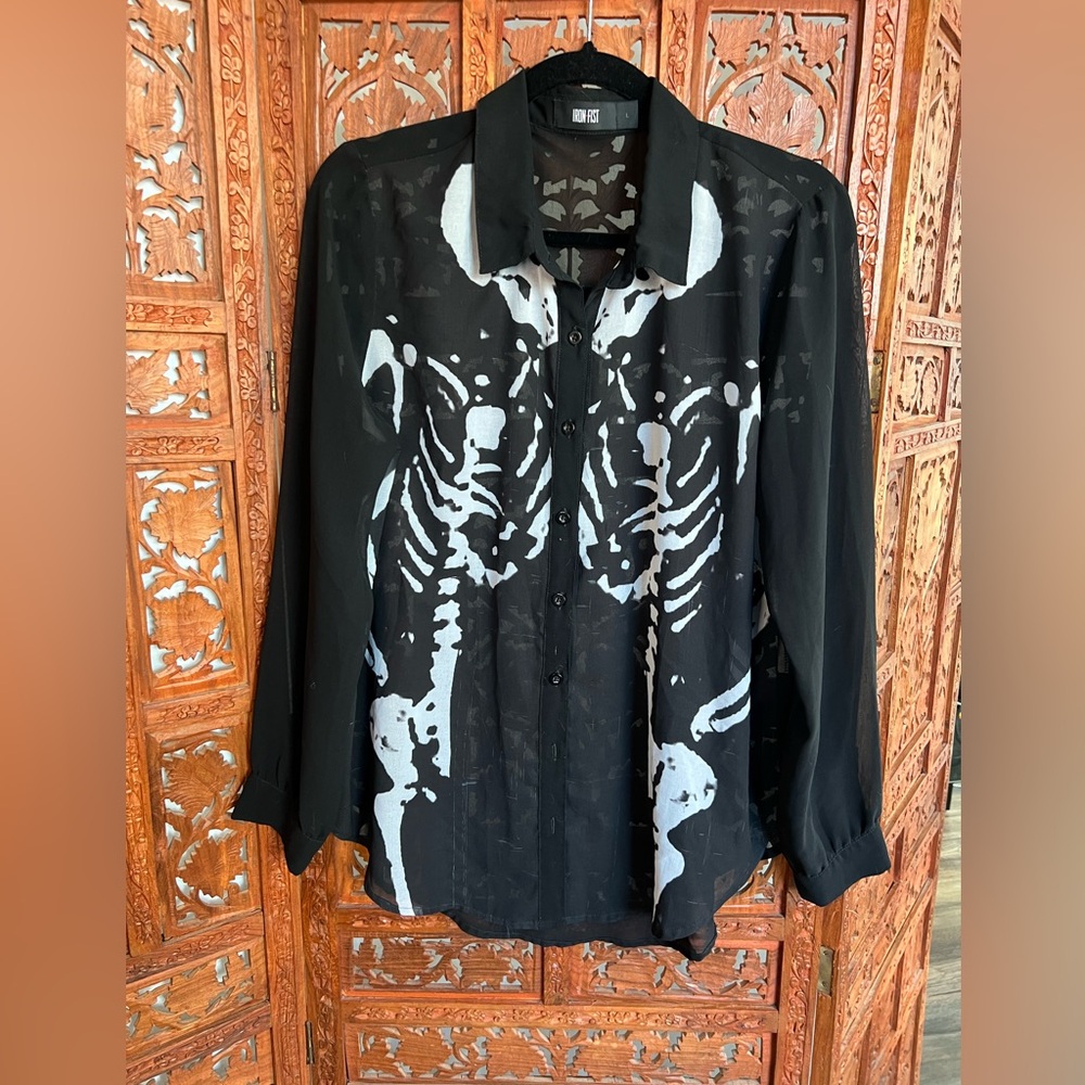 goth skeleton sheer button up- iron fist brand